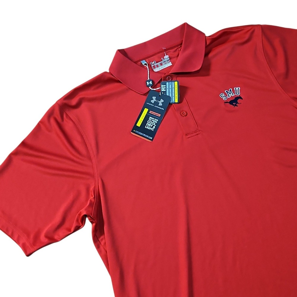 SMU Mustangs Under Armour Polo Shirt Men's‎ Size L NWT Heat Gear Loose Red Golf